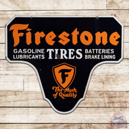 Firestone Gasoline Tires Batteries Die Cut Double Sided Porcelain Sign w/ Logo