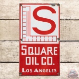 Rare Square Oil Co. Gasoline Single Sided Porcelain Pump Plate Sign Los Angeles CA