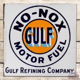 Superb Gulf No-Nox Motor Fuel Double Sided Porcelain Flange Sign w/ Logo
