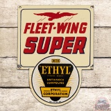 Excellent Fleet Wing Super Ethyl Gasoline Single Sided Porcelain Die Cut Pump Plate Sign w/ Logo