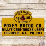 1950 Pennzoil Posey Motor Co. Willys Cars Trucks Jeeps Cordele Georgia Die Cut Single Sided Tin Sign