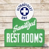 Rare Sinclair Ultraviolet Ray Sanitized Rest Rooms Die Cut Single Sided Porcelain Sign