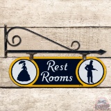 Fantastic Sunoco Service Station Rest Rooms Double Sided Porcelain Sign w/ Factory Bracket