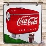 Nice Drink Coca-Cola Ice Cold Double Sided Porcelain Sign w/ Motor Boat Dispenser & Glass