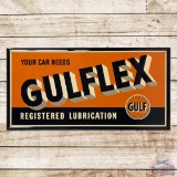 Your Car Needs Gulflex Registered Lubrication Emb. Single Sided Tin Sign w/ Logo