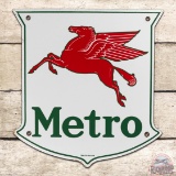 Terrific Mobil Metro Gasoline Single Sided Porcelain Pump Plate Sign w/ Pegasus