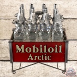 Mobiloil Arctic Filpruf Display Complete w/ 8 Glass Oil Bottles & Spouts