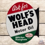 Superb 1951 Ask for Wolf's Head Motor Oil Double Sided Tin Flange Sign w/ Logo