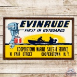 Evinrude First in Outboards Emb. Single Sided Tin Sign w/ Boat & Motor Cooperstown NY