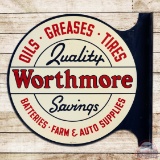 1945 Worthmore Oils Greases Tires Batteries Farm & Auto Supplies Double Sided Tin Flange Sign