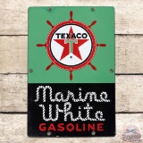 Rare Texaco Marine White Gasoline Single Sided Porcelain Pump Plate Sign w/ Ship's Wheel 