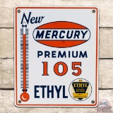 Scarce New Mercury Premium 105 Ethyl Gasoline Single Sided Porcelain Pump Plate Sign w/ Logo