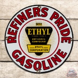 Fantastic Refiners Pride Ethyl Gasoline Single Sided Porcelain Pump Plate Sign w/ Logo