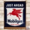 NOS Mobilgas Just Ahead Socony-Vacuum Emb. Single Sided Tin Sign w/ Pegasus & Crate