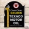 NOS Texaco Motor Oil Clean Clear Golden Die Cut Double Sided Porcelain Flange Sign