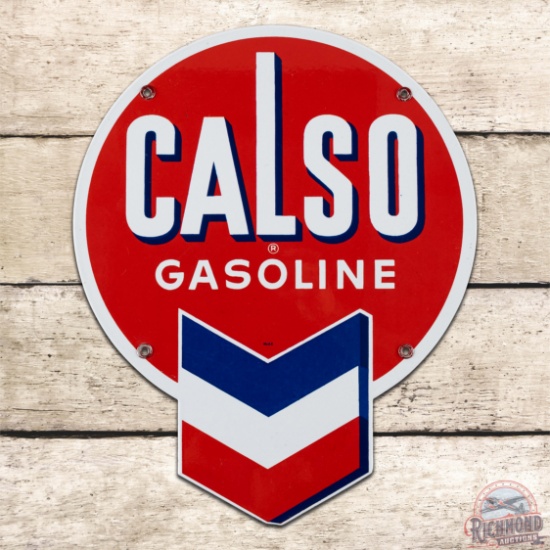 Excellent Calso Gasoline Die Cut Single Sided Porcelain Pump Plate Sign w/ Hallmark