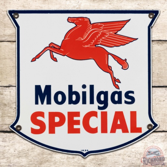 Superb 1954 Mobilgas Special Gasoline Single Sided Porcelain Pump Plate Sign w/ Pegasus