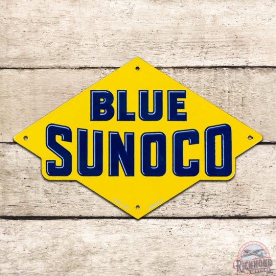 Exceptional Blue Sunoco Gasoline Die Cut Single Sided Porcelain Pump Plate Sign