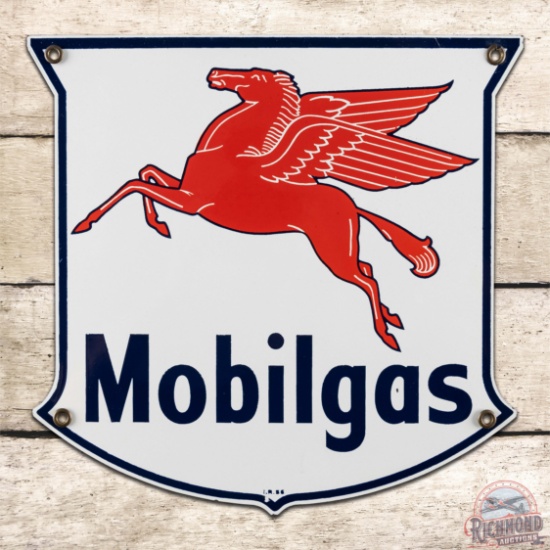 1956 Mobilgas Die Cut Single Sided Porcelain Pump Plate Sign w/ Pegasus