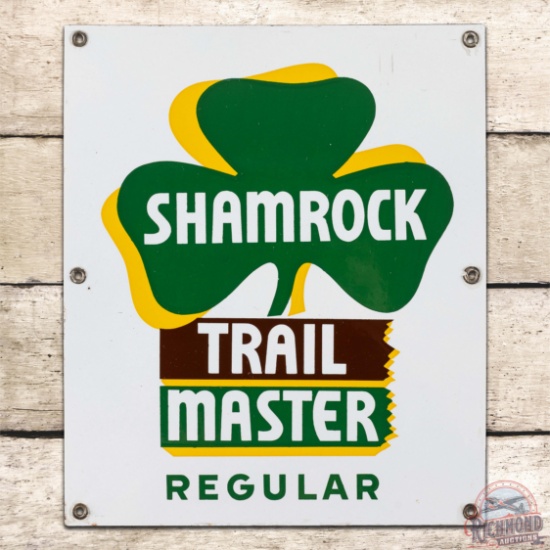 Terrific Shamrock Trail Master Regular Gasoline Single Sided Porcelain Pump Plate Sign w/ logo