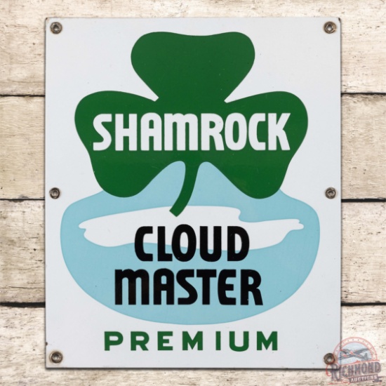 Striking Shamrock Cloud Master Regular Gasoline Single Sided Porcelain Pump Plate Sign w/ logo