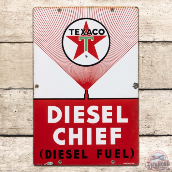 1963 Texaco Diesel Chief Single Sided Porcelain Pump Plate Sign "White T"