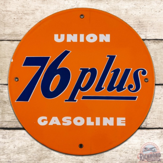 Nice Union 76 Plus Gasoline Single Sided Porcelain Pump Plate Sign