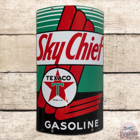 1940 Texaco Sky Chief Gasoline Curved Single Sided Porcelain Pump Plate Sign