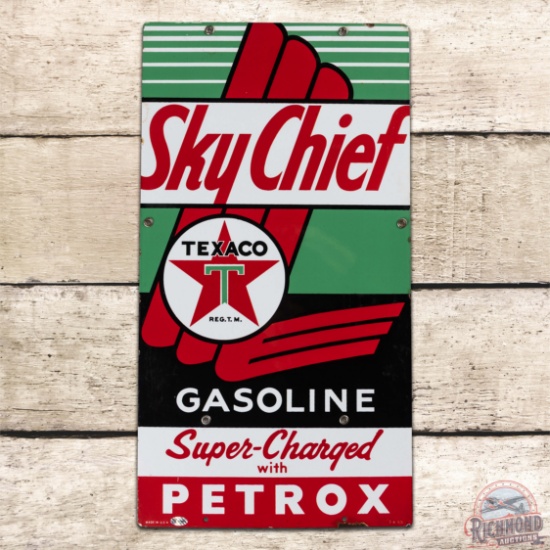 Texaco Sky Chief Supercharged with Petrox Single Sided Porcelain Pump Plate Sign "Large"