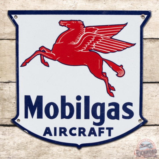 Mobilgas Aircraft Gasoline Die Cut Single Sided Porcelain Pump Plate Sign w/ Pegasus