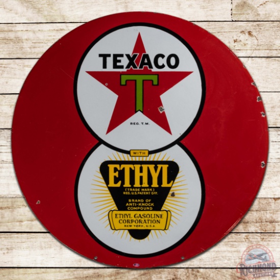 Texaco Ethyl Gasoline 30" Double Sided Porcelain Sign w/ 8-Ball Logo