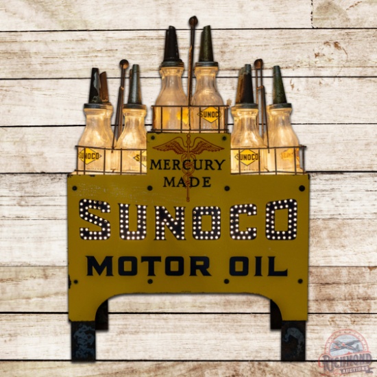 Complete Sunoco Mercury Made Motor Oil Lighted Display Rack w/ 4 SS Porcelain Signs & Bottles
