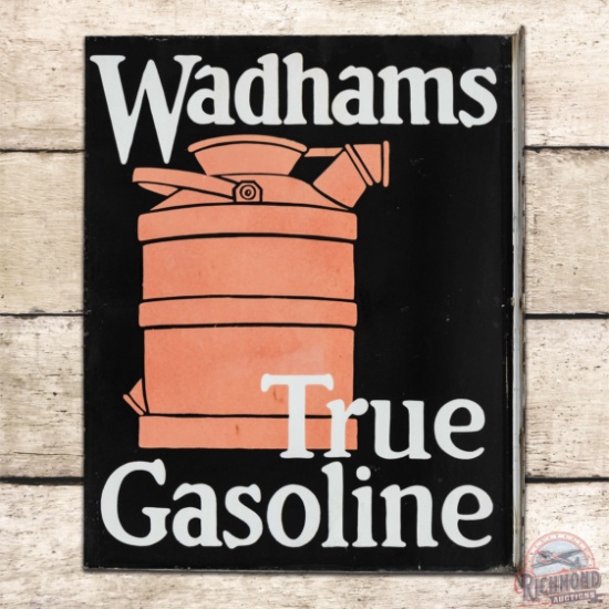 Impressive Wadhams True Gasoline Double Sided Porcelain Flange Sign w/ Can