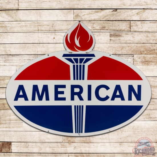 Outstanding American Gasoline 6' Double Sided Porcelain ID Sign w/ Flame