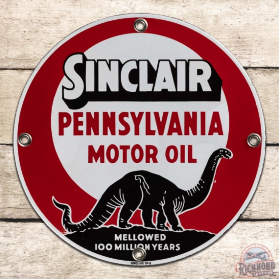 NOS Sinclair Pennsylvania Motor Oil "Mellowed 100 Million Years" 11" Single Sided Porcelain Sign
