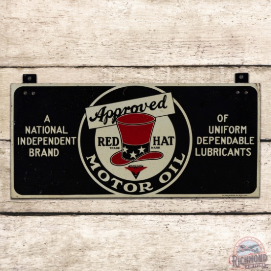 Scarce Approved Red Hat Motor Oil Single Sided Tin Logo Sign