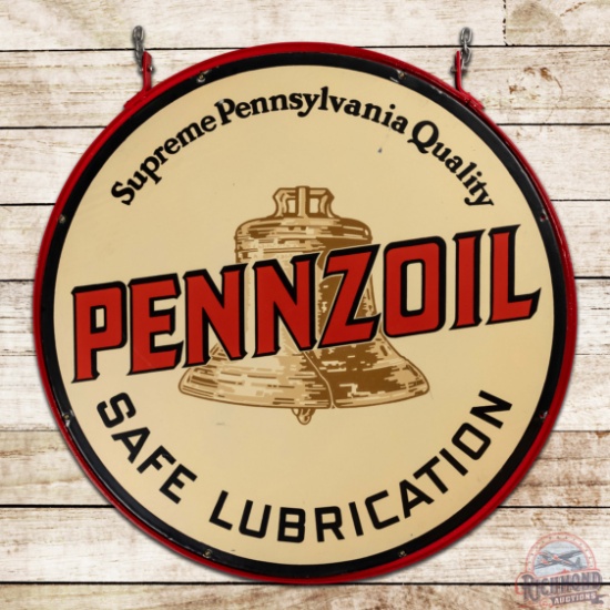 Pennzoil Safe Lubrication 42" Double Sided Porcelain Sign w/ Ring "Brown Bell"