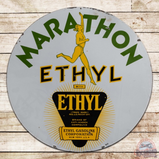 Marathon Ethyl Gasoline 30" Double Sided Porcelain Sign w/ Running Man