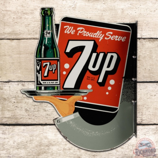 Scarce We Proudly Service 7up Die Cut Double Sided Tin Flange Sign w/ Hand & Bottle