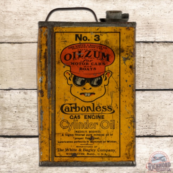 Scarce Oilzum for Motor Cars & Boats Metal One Gallon Oil Can w/ "Buck Tooth Boy" Graphic