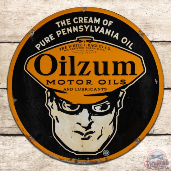 1937 Oilzum Motor Oils & Lubricants 24" Double Sided Tin Sign w/ Oswald