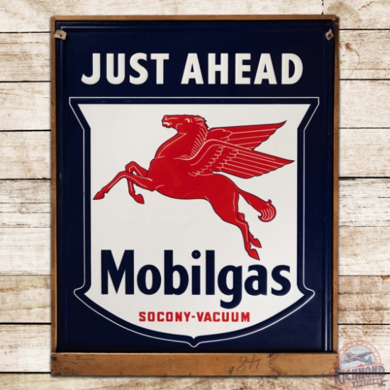 NOS Mobilgas Just Ahead Socony-Vacuum Emb. Single Sided Tin Sign w/ Pegasus & Crate