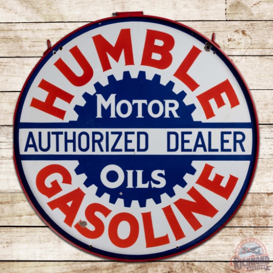 Humble Gasoline Motor Oils Authorized Dealer 42" Double Sided Porcelain Sign w/ Ring