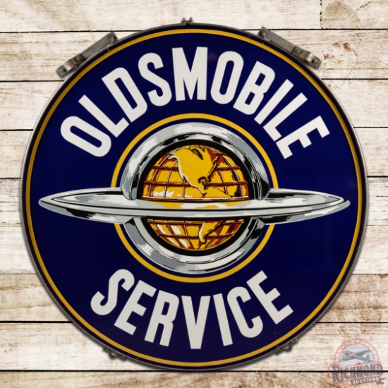 Outstanding Oldsmobile Service 60" Double Sided Porcelain Sign w/ Factory Ring "World Logo"