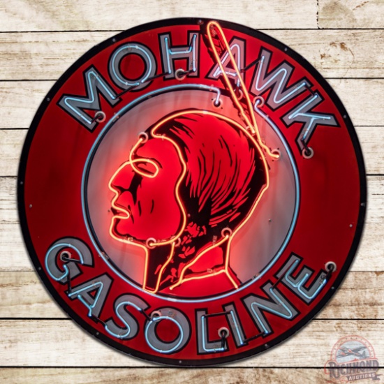 Exceptional Mohawk Gasoline 4' Single Sided Porcelain Neon Sign w/ Native American