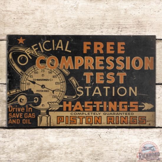 Hastings Piston Rings Compression Test Station Double Sided Tin Flange Sign w/ Automobile & Arrow