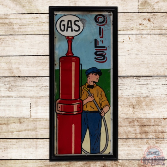 Early Ithaca Hand Painted Single Sided Tin Sign w/ Gas Pump & Attendant