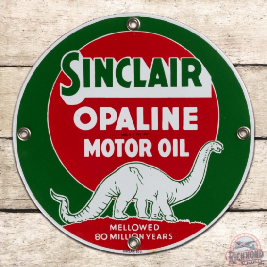 NOS Sinclair Opaline Motor Oil "Mellowed 80 Million Years" 11" Single Sided Porcelain Sign w/ Dino