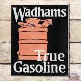 Impressive Wadhams True Gasoline Double Sided Porcelain Flange Sign w/ Can