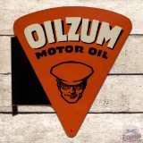 1953 Oilzum Motor Oil Die Cut Double Sided Tin Flange Sign w/ Oswald
